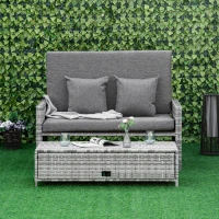 Outsunny 2 Piece Rattan Outdoor Daybed, 2 Seater Sofa Set with Footstool, Storage, Cushions and Pillows for Garden, Patio, Grey(m-8)