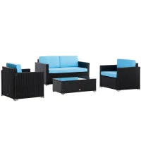 Outsunny 4 Pieces Wicker Patio Furniture Set with Thick Cushions, Outdoor PE Rattan Conversation Sofa Set with Glass Top Table & Extra Wide Seat, Sky Blue(m-2)