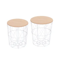 HOMCOM Nesting Coffee Tables Set of 2 with Metal Wire, Storage Basket, Round Side Table End Table for Living Room, Bedroom, White and Natural(m-2)