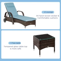 Outsunny 3 Pieces Wicker Patio Lounger Set with Table, PE Rattan Outdoor Lounge Chair Set with Cushions, Wheels, 5-Level Reclining Backrest, Headrest, Brown/Grey(m-5)