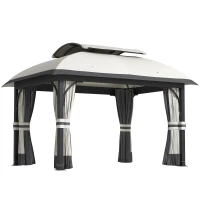 Outsunny 11' x 13' Patio Gazebo, Double Roof Outdoor Gazebo Canopy with Netting & Curtains, Galvanized Metal Frame, Light Grey(m-11)