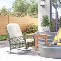 Outsunny Rattan Rocking Chair, Outdoor Wicker Patio Rocker Chair Furniture with Thick Cushions, for Garden Backyard Porch, Khaki(m-8)