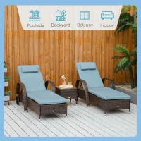 Outsunny 3 Pieces Wicker Patio Lounger Set with Table, PE Rattan Outdoor Lounge Chair Set with Cushions, Wheels, 5-Level Reclining Backrest, Headrest, Brown/Grey(m-4)