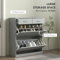 HOMCOM Narrow Shoe Storage with 2 Flip Drawers and Adjustable Shelves Shoe Organizer Cabinet for 12 Pairs of Shoes, Grey(m-4)