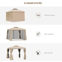 Outsunny Deck Gazebo with Beautiful Curtains, & Mesh Screen Drapes, 10ft x 10ft Double Canopy Polyester Shade for Backyard Garden, Khaki(m-6)