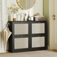 HOMCOM Narrow Shoe Storage Cabinet, Rattan Shoe Cabinet with 4 Flip Drawers and Adjustable Shelves for 20 Pairs, Black(m-7)