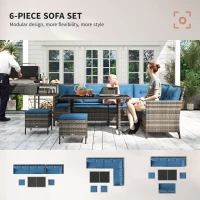 Outsunny 6pcs Outdoor Rattan Sofa Set Garden Wicker Sectional Couch Furniture Set with Dining Table and Chair Blue(m-4)