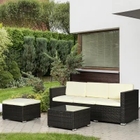 Outsunny 3 Pieces Patio Furniture Set with Cushions, Outdoor PE Rattan Wicker Conversation Corner Sofa Set with Glass Top Table and Adjustable Foot for Garden, Lawn, Cream White(m-8)