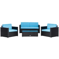 Outsunny 4 Pieces Wicker Patio Furniture Set with Thick Cushions, Outdoor PE Rattan Conversation Sofa Set with Glass Top Table & Extra Wide Seat, Sky Blue(m-11)