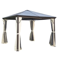 Outsunny 10 x 10 ft Hard Top Gazebo Canopy Heavy Duty Shelter Sun Shade w/ Curtain Beige, Coffee(m-2)