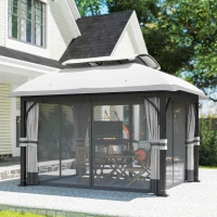 Outsunny 11' x 13' Patio Gazebo, Double Roof Outdoor Gazebo Canopy with Netting & Curtains, Galvanized Metal Frame, Light Grey(m-9)