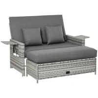 Outsunny 2 Piece Rattan Outdoor Daybed, 2 Seater Sofa Set with Footstool, Storage, Cushions and Pillows for Garden, Patio, Grey(m-11)
