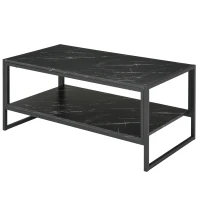 HOMCOM 2-Tier Coffee Table with Storage Shelf, Cocktail Table with Marble Textured Table Top, for Living Room Bedroom Dorm, Black(m-2)
