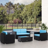 Outsunny 4 Pieces Wicker Patio Furniture Set with Thick Cushions, Outdoor PE Rattan Conversation Sofa Set with Glass Top Table & Extra Wide Seat, Sky Blue(m-1)