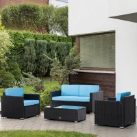 Outsunny 4 Pieces Wicker Patio Furniture Set with Thick Cushions, Outdoor PE Rattan Conversation Sofa Set with Glass Top Table & Extra Wide Seat, Sky Blue(m-8)