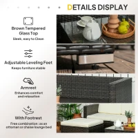 Outsunny 3 Pieces Patio Furniture Set with Cushions, Outdoor PE Rattan Wicker Conversation Corner Sofa Set with Glass Top Table and Adjustable Foot for Garden, Lawn, Cream White(m-6)