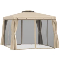 Outsunny Deck Gazebo with Beautiful Curtains, & Mesh Screen Drapes, 10ft x 10ft Double Canopy Polyester Shade for Backyard Garden, Khaki(m-11)