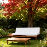 Minimalist Left-Sided Sofa with Acacia Wood Construction, Water-Resistant Cushions, Asymmetric Design, 76" L x 29" W x 27" H, Light Brown(m-1)