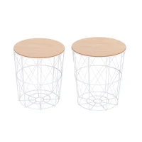 HOMCOM Nesting Coffee Tables Set of 2 with Metal Wire, Storage Basket, Round Side Table End Table for Living Room, Bedroom, White and Natural(m-11)