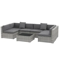 Outsunny 7pc Patio Wicker Set w/ Tea Table Wicker Sectional Sofa Set Grey(m-2)