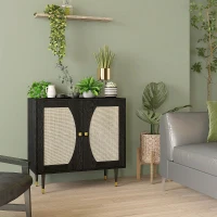HOMCOM Boho Buffet Cabinet with Adjustable Shelf and Rattan Decorated Doors, TV Cabinet for TV up to 42 Inches, Black(m-9)