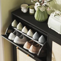 HOMCOM Narrow Shoe Storage Cabinet, Rattan Shoe Cabinet with 4 Flip Drawers and Adjustable Shelves for 20 Pairs, Black(m-9)