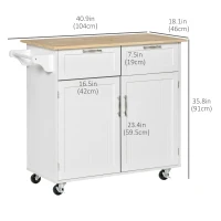 HOMCOM Rolling Kitchen Island with Storage Drawers, Kitchen Cart with Rubber Wood Top, Cabinet & Towel Rack, White(m-3)