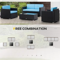 Outsunny 4 Pieces Wicker Patio Furniture Set with Thick Cushions, Outdoor PE Rattan Conversation Sofa Set with Glass Top Table & Extra Wide Seat, Sky Blue(m-7)