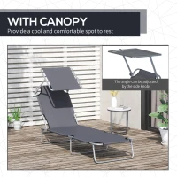 Outsunny Outdoor Lounge Chair, Adjustable Folding Chaise Lounge,  Tanning Chair with Sun Shade for Beach, Camping, Hiking, Backyard, Grey(m-6)