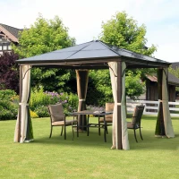 Outsunny 10 x 10 ft Hard Top Gazebo Canopy Heavy Duty Shelter Sun Shade w/ Curtain Beige, Coffee(m-1)