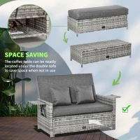 Outsunny 2 Piece Rattan Outdoor Daybed, 2 Seater Sofa Set with Footstool, Storage, Cushions and Pillows for Garden, Patio, Grey(m-7)