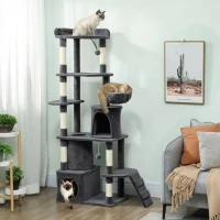 PawHut 67" Large Cat Tree with 7 Scratching Posts, Tunnel, 2 Condos, Hammock, Perch, Ramp, Pompoms, Dark Grey(m-1)