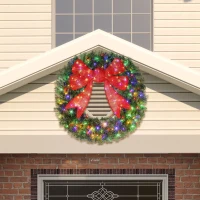 HOMCOM 48in Pre-Lit Christmas Wreath with 3D Red Bow, 11 Lighting Modes, Front Door Christmas Wreath with Remote(m-8)