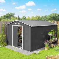 Outsunny 9' x 10.6' Garden Storage Shed w/ Foundation Kit Metal Tool Storage House w/ Double Doors Light Grey(m-1)