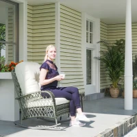 Outsunny Rattan Rocking Chair, Outdoor Wicker Patio Rocker Chair Furniture with Thick Cushions, for Garden Backyard Porch, Khaki(m-1)