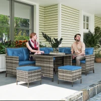 Outsunny 6pcs Outdoor Rattan Sofa Set Garden Wicker Sectional Couch Furniture Set with Dining Table and Chair Blue(m-10)