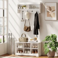 HOMCOM Coat Rack Shoe Bench Set, Entryway Shoe Bench with 8 Storage Cubbies, 4 Hooks for Hallway, Living Room, White(m-8)