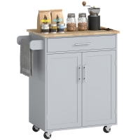 HOMCOM Kitchen Island Cart, Rolling Island Table with Solid Wood Top, Trolley Cart with Drawer, Storage Cabinet & Towel Rack, Gray