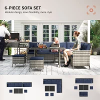 Outsunny 6pcs Outdoor Rattan Sofa Set Garden Wicker Sectional Couch Furniture Set with Dining Table and Chair Sky Blue(m-4)