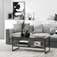 HOMCOM 2-Tier Coffee Table with Storage Shelf, Cocktail Table with Marble Textured Table Top, for Living Room Bedroom Dorm, Black(m-8)