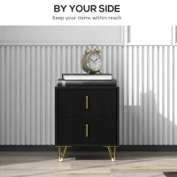 HOMCOM Bedside Table, Modern Nightstand with 2 Drawers, Side End Table with Metal Legs for Living Room, Bedroom, Black(m-4)