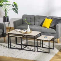 HOMCOM Nesting Coffee Table Set of 3, Modern End Tables with Black Metal Frame for Living Room Home Furniture, Natural(m-7)