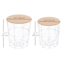 HOMCOM Nesting Coffee Tables Set of 2 with Metal Wire, Storage Basket, Round Side Table End Table for Living Room, Bedroom, White and Natural(m-3)