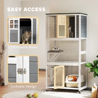 PawHut 74" Wooden Outdoor Cat House Weatherproof & Wheeled with High Weight Capacity, Kitten Cage Condo, White(m-7)