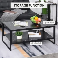 HOMCOM 2-Tier Coffee Table with Storage Shelf, Cocktail Table with Marble Textured Table Top, for Living Room Bedroom Dorm, Black(m-4)