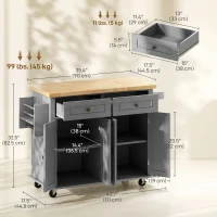 HOMCOM Kitchen Island with Storage, Rolling Trolley Cart with Rubber Wood Top, Spice Rack, Towel Rack, Grey(m-3)