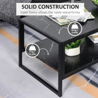 HOMCOM 2-Tier Coffee Table with Storage Shelf, Cocktail Table with Marble Textured Table Top, for Living Room Bedroom Dorm, Black(m-5)