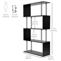 HOMCOM 5-Tiers Geometric Wooden Bookcase S-Shaped Storage Bookshelf Display with Metal Frame for Living Room, Bedroom, Home Office, Black(m-3)
