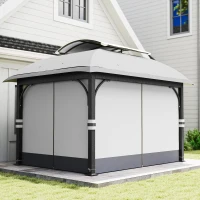 Outsunny 11' x 13' Patio Gazebo, Double Roof Outdoor Gazebo Canopy with Netting & Curtains, Galvanized Metal Frame, Light Grey(m-10)