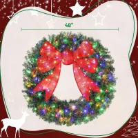 HOMCOM 48in Pre-Lit Christmas Wreath with 3D Red Bow, 11 Lighting Modes, Front Door Christmas Wreath with Remote(m-3)